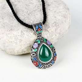 N015-C WOMEN NATIONAL STYLE WATER DROP SHAPE DIAMOND NECKLACE  (GREEN)