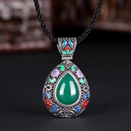 N015-C WOMEN NATIONAL STYLE WATER DROP SHAPE DIAMOND NECKLACE  (GREEN)