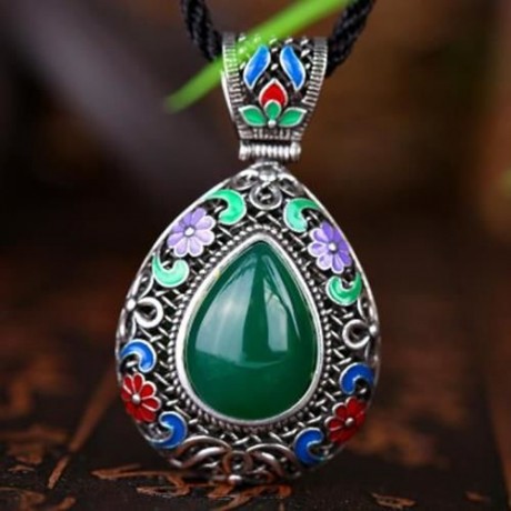 N015-C WOMEN NATIONAL STYLE WATER DROP SHAPE DIAMOND NECKLACE  (GREEN)