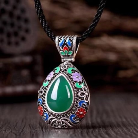 N015-C WOMEN NATIONAL STYLE WATER DROP SHAPE DIAMOND NECKLACE  (GREEN)
