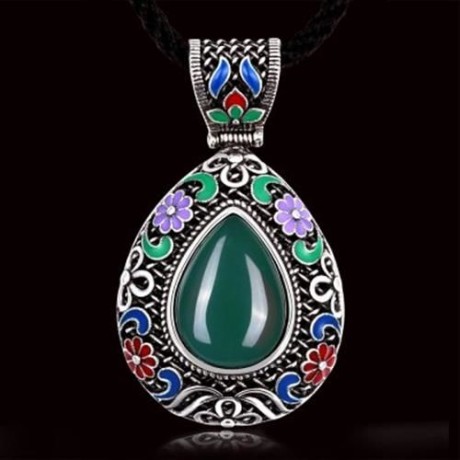 N015-C WOMEN NATIONAL STYLE WATER DROP SHAPE DIAMOND NECKLACE  (GREEN)