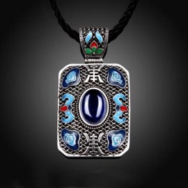 N004-A LADIES NATIONAL STYLE RECTANGLE SHAPE PENDANT NECKLACE (BLUE)