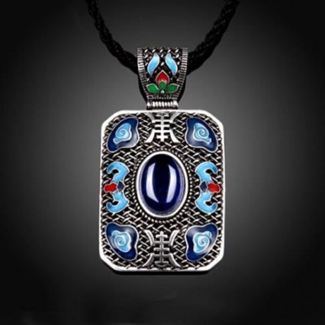 N004-A LADIES NATIONAL STYLE RECTANGLE SHAPE PENDANT NECKLACE (BLUE)