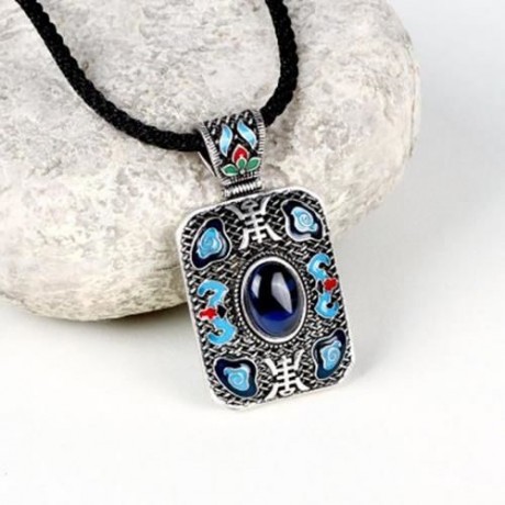 N004-A LADIES NATIONAL STYLE RECTANGLE SHAPE PENDANT NECKLACE (BLUE)