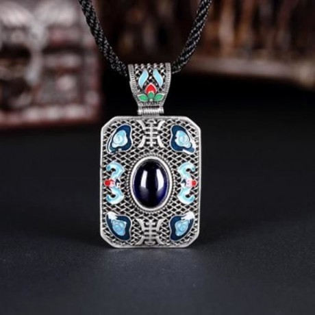 N004-A LADIES NATIONAL STYLE RECTANGLE SHAPE PENDANT NECKLACE (BLUE)