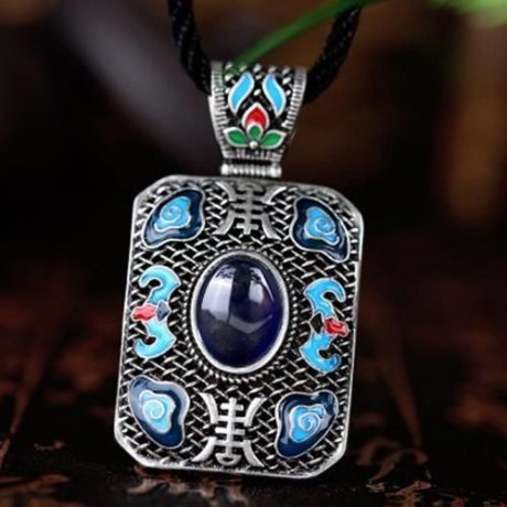 N004-A LADIES NATIONAL STYLE RECTANGLE SHAPE PENDANT NECKLACE (BLUE)