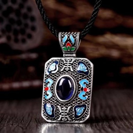 N004-A LADIES NATIONAL STYLE RECTANGLE SHAPE PENDANT NECKLACE (BLUE)
