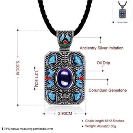 N004-A LADIES NATIONAL STYLE RECTANGLE SHAPE PENDANT NECKLACE (BLUE)