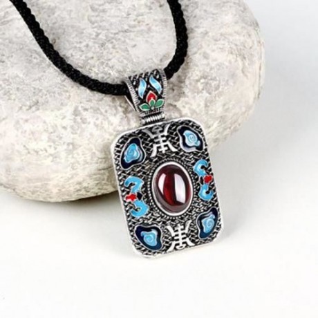 N004-B LADIES NATIONAL STYLE RECTANGLE SHAPE PENDANT NECKLACE (RED)
