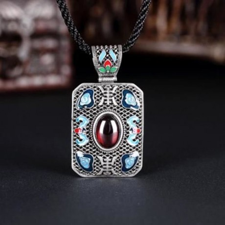 N004-B LADIES NATIONAL STYLE RECTANGLE SHAPE PENDANT NECKLACE (RED)