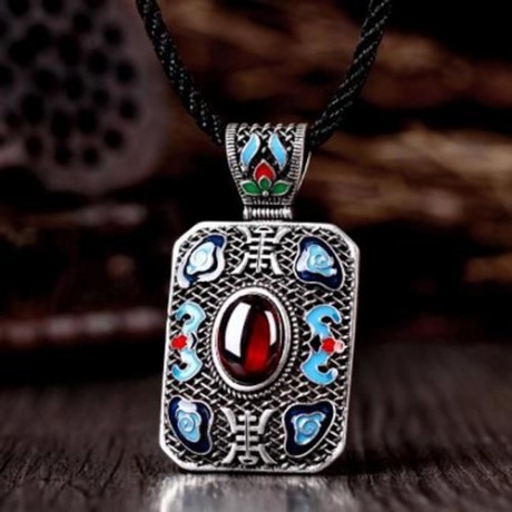 N004-B LADIES NATIONAL STYLE RECTANGLE SHAPE PENDANT NECKLACE (RED)