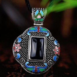 N005-A WOMEN ANTIQUE NATIONAL STYLE CARVING PENDANT NECKLACE (BLUE)
