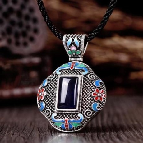 N005-A WOMEN ANTIQUE NATIONAL STYLE CARVING PENDANT NECKLACE (BLUE)
