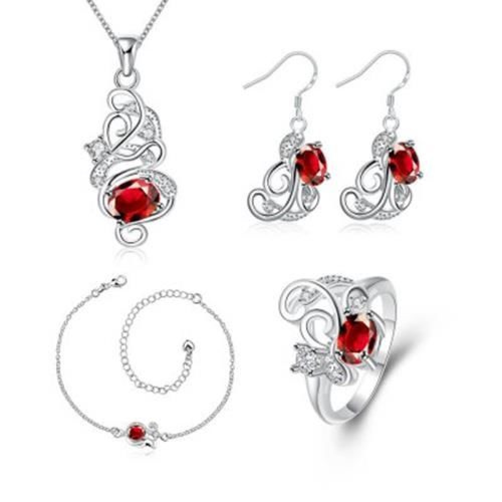S129-B POPULAR 925 SILVER PLATED EARRINGS RING NECKLACE ANKLET JEWELRY SETS (SILVER)