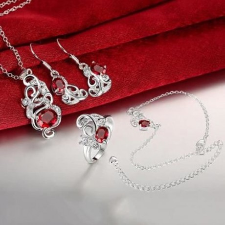 S129-B POPULAR 925 SILVER PLATED EARRINGS RING NECKLACE ANKLET JEWELRY SETS (SILVER)