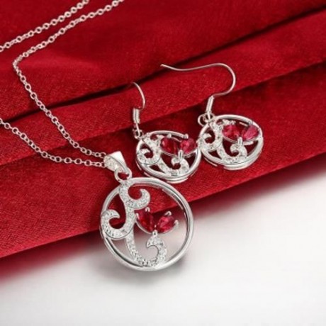 S117-B 925 SILVER PLATED NECKLACE EARRINGS JEWELRY SETS  (RED)