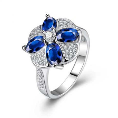 S098-A TRENDY ALLOY ANTI ALLERGY ZIRCON FLORAL EARRINGS NECKLACE RING JEWELRY SET (BLUE)
