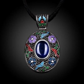 N017-A ANTIQUE GEOMETRIC PATTERN NATIONAL STYLE WOMEN NECKLACE (SAPPHIRE BLUE)