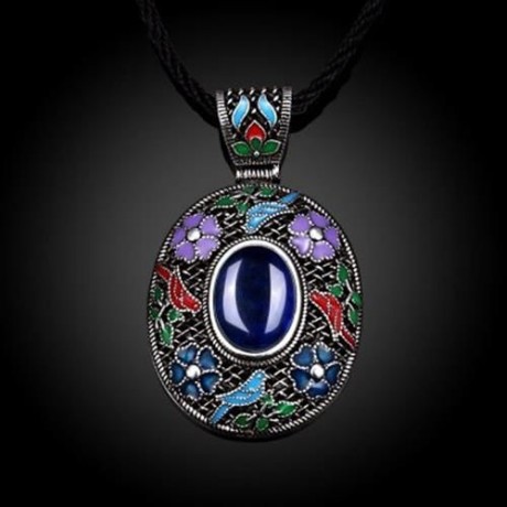 N017-A ANTIQUE GEOMETRIC PATTERN NATIONAL STYLE WOMEN NECKLACE (SAPPHIRE BLUE)