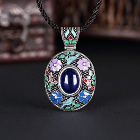 N017-A ANTIQUE GEOMETRIC PATTERN NATIONAL STYLE WOMEN NECKLACE (SAPPHIRE BLUE)