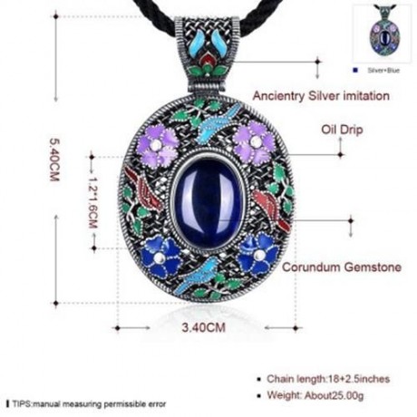 N017-A ANTIQUE GEOMETRIC PATTERN NATIONAL STYLE WOMEN NECKLACE (SAPPHIRE BLUE)