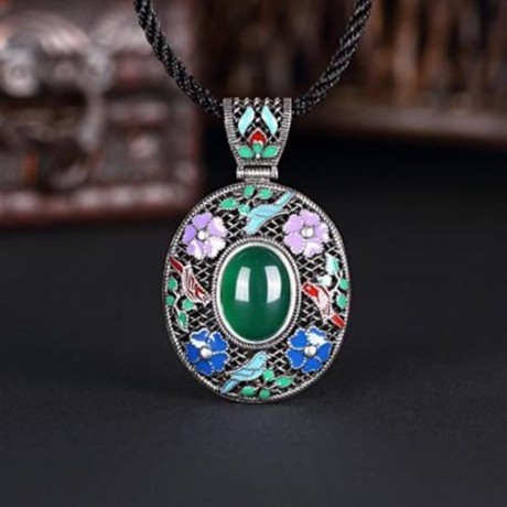 N017-C ANTIQUE GEOMETRIC PATTERN NATIONAL STYLE WOMEN NECKLACE (GREEN)