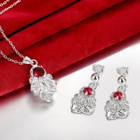S111-B 925 SILVER PLATED NECKLACE EARRINGS JEWELRY SETS (RED)