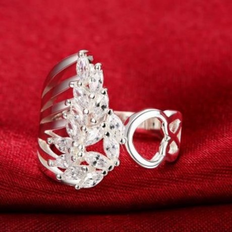 SILVER PLATED FINGER RING FOR LADY FEATHER PATTERN R680 (SILVER)