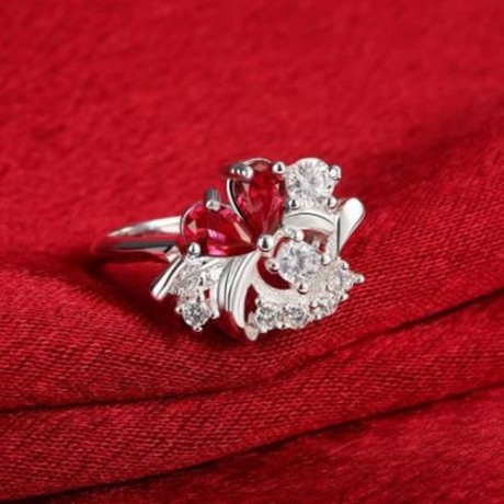 R091-B 925 SILVER PLATED FASHION RING FOR WOMEN JEWELRY ACCESSORIES NICKLE FREE (RED)