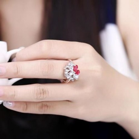 R091-B 925 SILVER PLATED FASHION RING FOR WOMEN JEWELRY ACCESSORIES NICKLE FREE (RED)