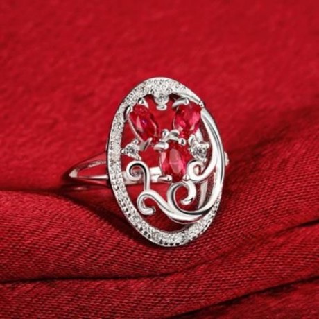 R093-B 925 SILVER PLATED FASHION RING FOR WOMEN JEWELRY ACCESSORIES NICKLE FREE (RED)