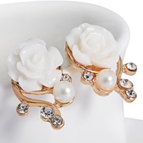 STYLISH ELEGANT ROSE DIAMOND PEARL EARRINGS BRANCH EAR STUDS (WHITE)
