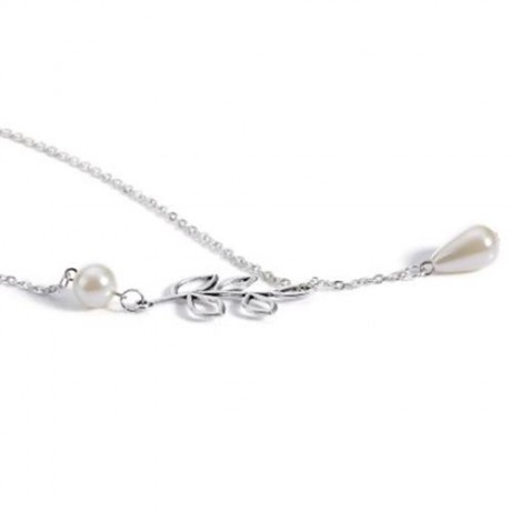 FRESH STYLE LEAF PEARL WATER DROP LADIES NECKLACE (SILVER)