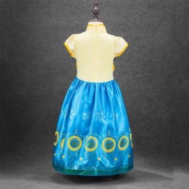 SWEET MANDARIN COLLAR SHORT SLEEVE FLOWER PRINT LONG DRESS FOR GIRLS (BLUE)