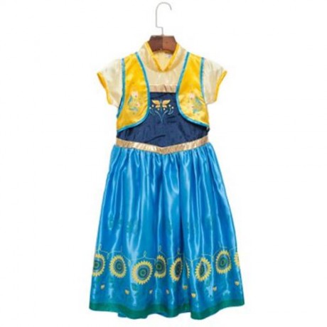 SWEET MANDARIN COLLAR SHORT SLEEVE FLOWER PRINT LONG DRESS FOR GIRLS (BLUE)