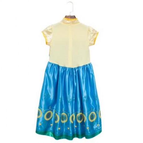 SWEET MANDARIN COLLAR SHORT SLEEVE FLOWER PRINT LONG DRESS FOR GIRLS (BLUE)