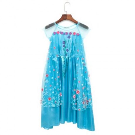 CUTE ROUND COLLAR SHORT SLEEVE FLOWER PRINT GIRLS PRINCESS DRESS (BLUE)