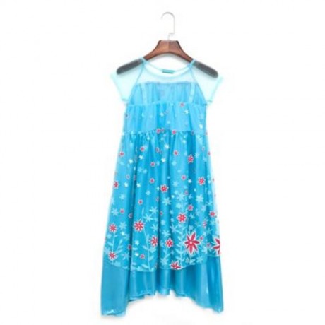 CUTE ROUND COLLAR SHORT SLEEVE FLOWER PRINT GIRLS PRINCESS DRESS (BLUE)