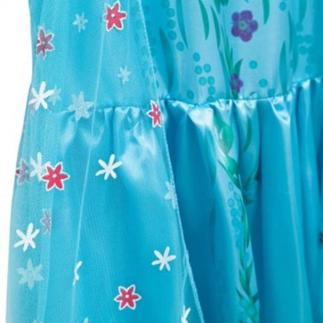 CUTE ROUND COLLAR SHORT SLEEVE FLOWER PRINT GIRLS PRINCESS DRESS (BLUE)