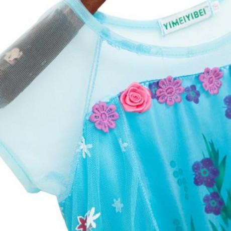 CUTE ROUND COLLAR SHORT SLEEVE FLOWER PRINT GIRLS PRINCESS DRESS (BLUE)