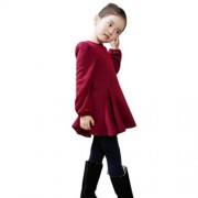 HAN EDITION ROUND COLLAR LONG SLEEVE SOLID COLOR FLOUNCE THICKENING GIRLS DRESS (RED)