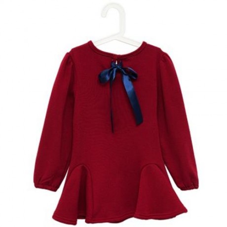 HAN EDITION ROUND COLLAR LONG SLEEVE SOLID COLOR FLOUNCE THICKENING GIRLS DRESS (RED)