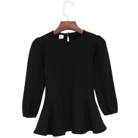 HAN EDITION ROUND COLLAR LONG SLEEVE SOLID COLOR FLOUNCE THICKENING GIRLS DRESS (BLACK)