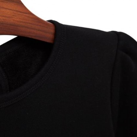 HAN EDITION ROUND COLLAR LONG SLEEVE SOLID COLOR FLOUNCE THICKENING GIRLS DRESS (BLACK)