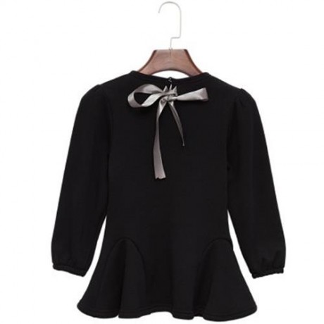 HAN EDITION ROUND COLLAR LONG SLEEVE SOLID COLOR FLOUNCE THICKENING GIRLS DRESS (BLACK)