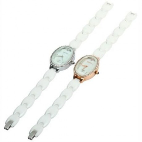 WEIQIN W3216 CRYSTAL RHINESTONE SHELL OVAL DIAL FEMALE QUARTZ WATCH WITH WHITE CERAMIC STR