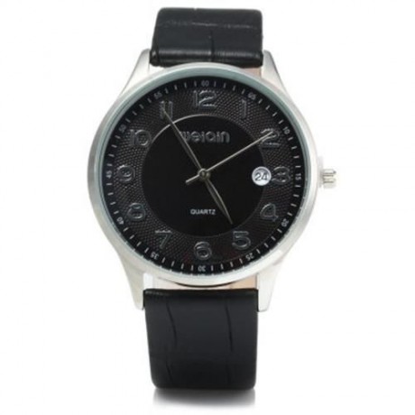 WEIQIN W23053B MALE ULTRATHIN ANALOG QUARTZ WATCH LEATHER BAND DATE DISPLAY (BLACK SILVER 