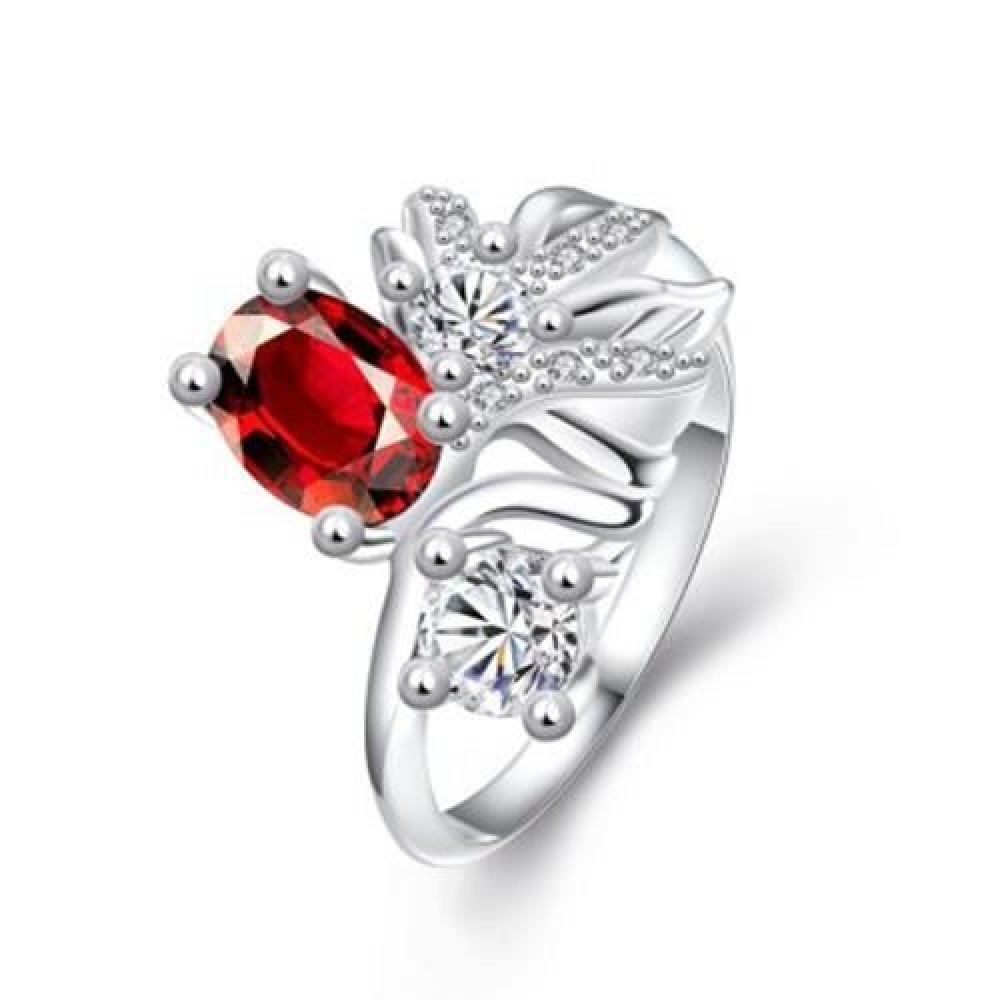 R080-B-8 925 SILVER PLATED FASHION RING FOR WOMEN JEWELRY ACCESSORIES NICKLE FREE (RED)
