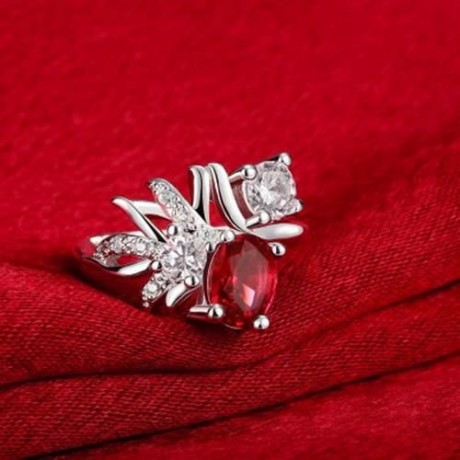 R080-B-8 925 SILVER PLATED FASHION RING FOR WOMEN JEWELRY ACCESSORIES NICKLE FREE (RED)