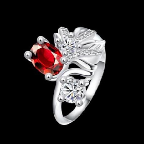 R080-B-8 925 SILVER PLATED FASHION RING FOR WOMEN JEWELRY ACCESSORIES NICKLE FREE (RED)